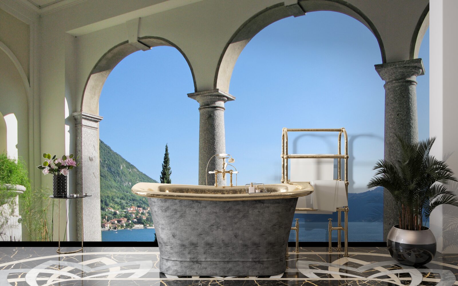 Fototapeta balkón s klenutými otvormi a výhľadom na vodu a hory