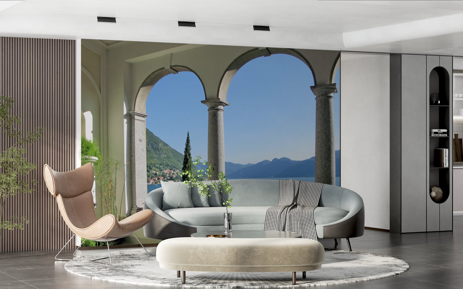 Fototapeta balkón s klenutými otvormi a výhľadom na vodu a hory