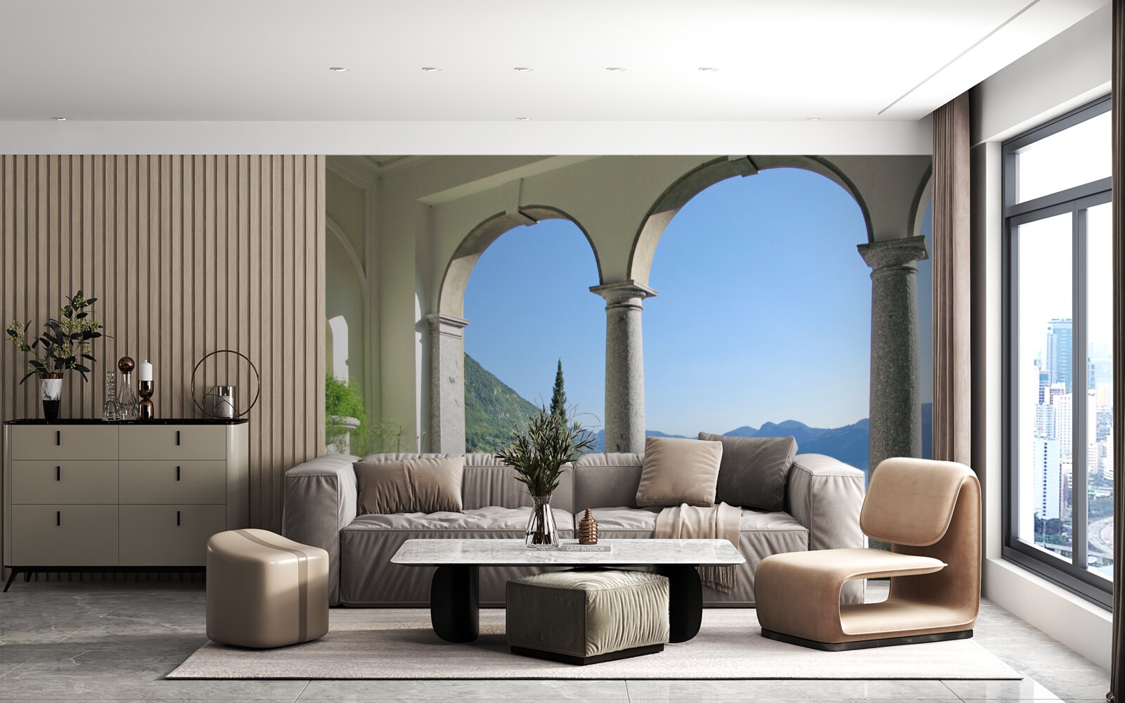 Fototapeta balkón s klenutými otvormi a výhľadom na vodu a hory