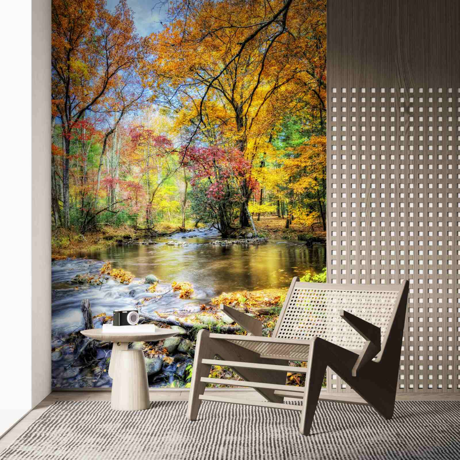 Fototapeta les na jeseň a rieka v horách