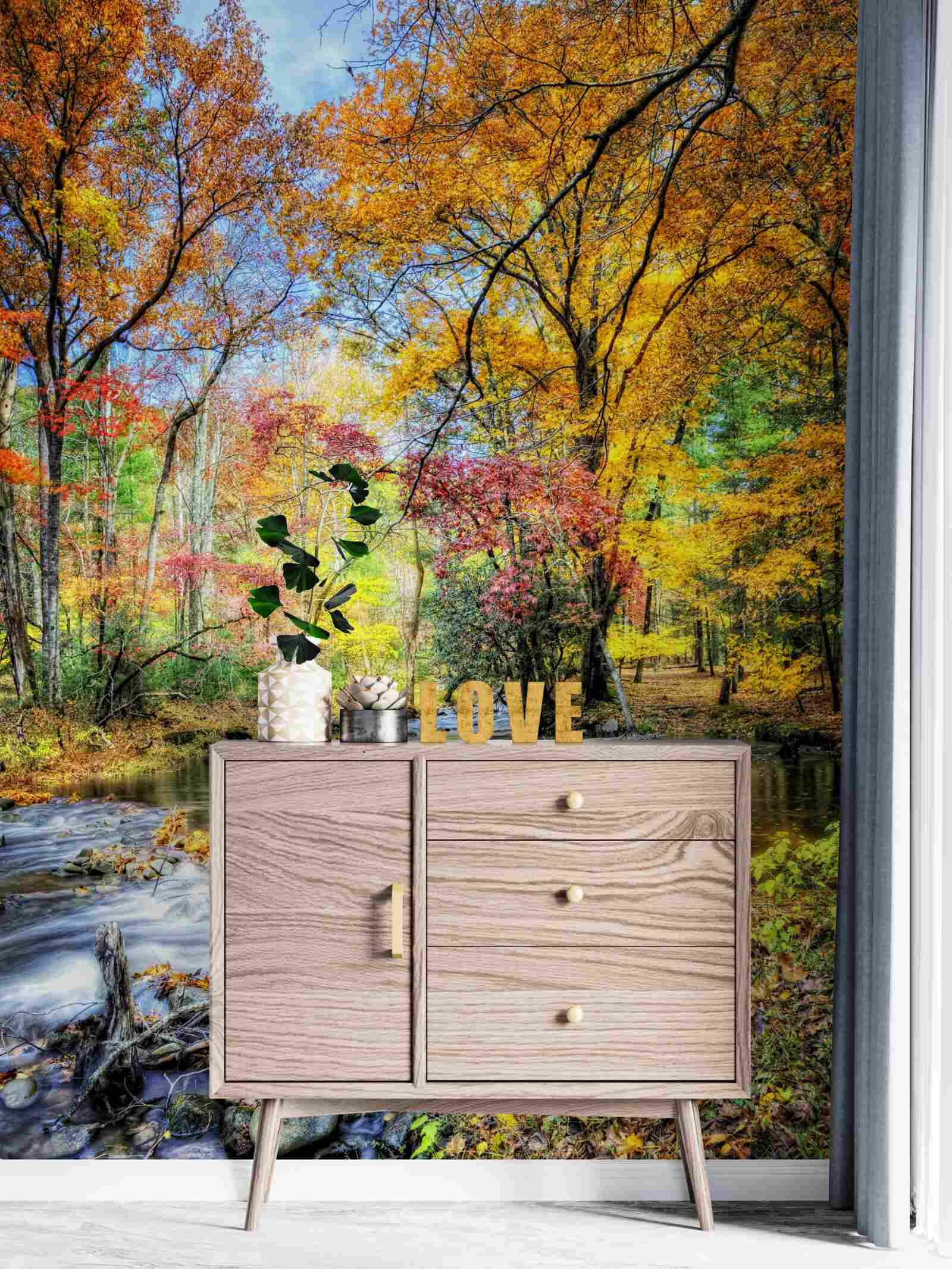 Fototapeta les na jeseň a rieka v horách