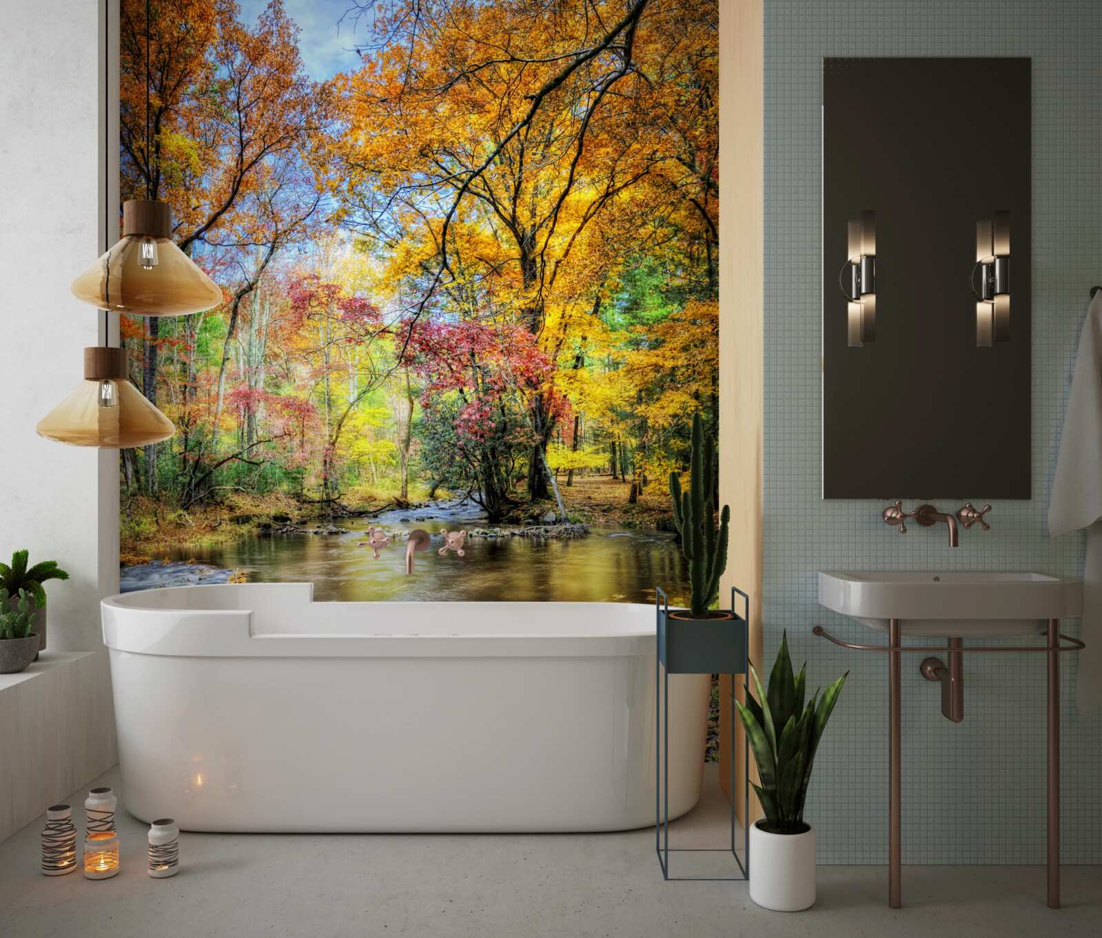 Fototapeta les na jeseň a rieka v horách