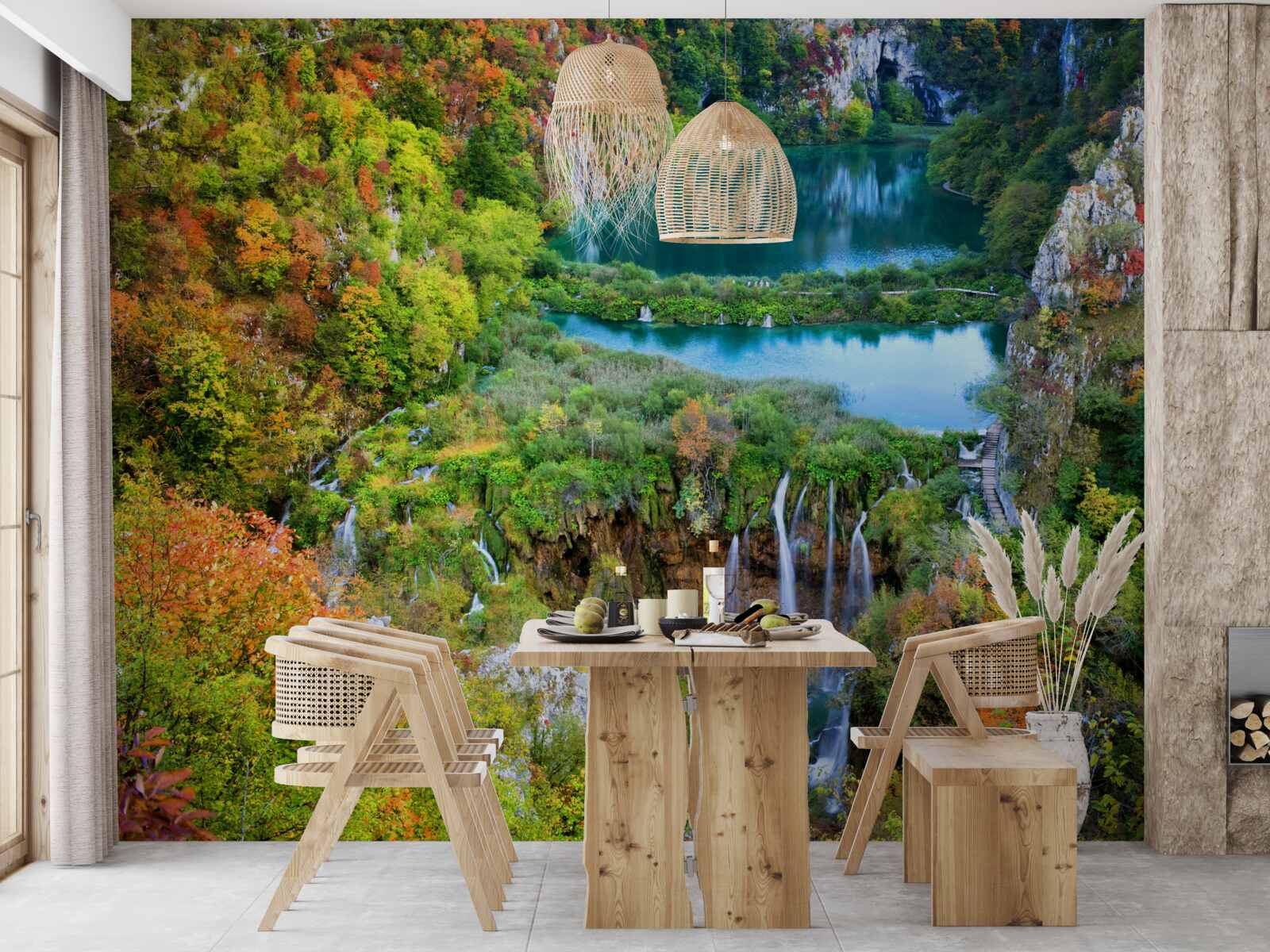 Fototapeta jesenný les zdobeným tečúcim vodopádom