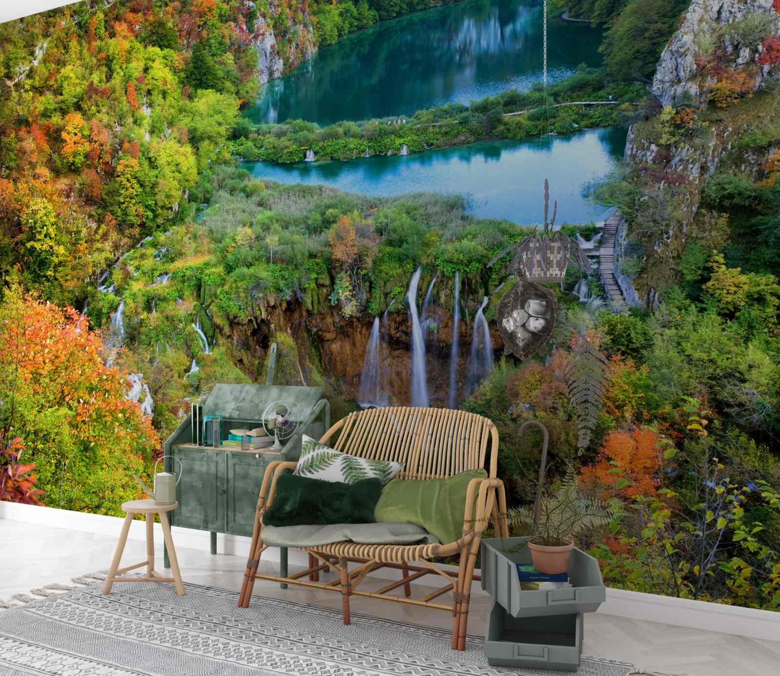 Fototapeta jesenný les zdobeným tečúcim vodopádom