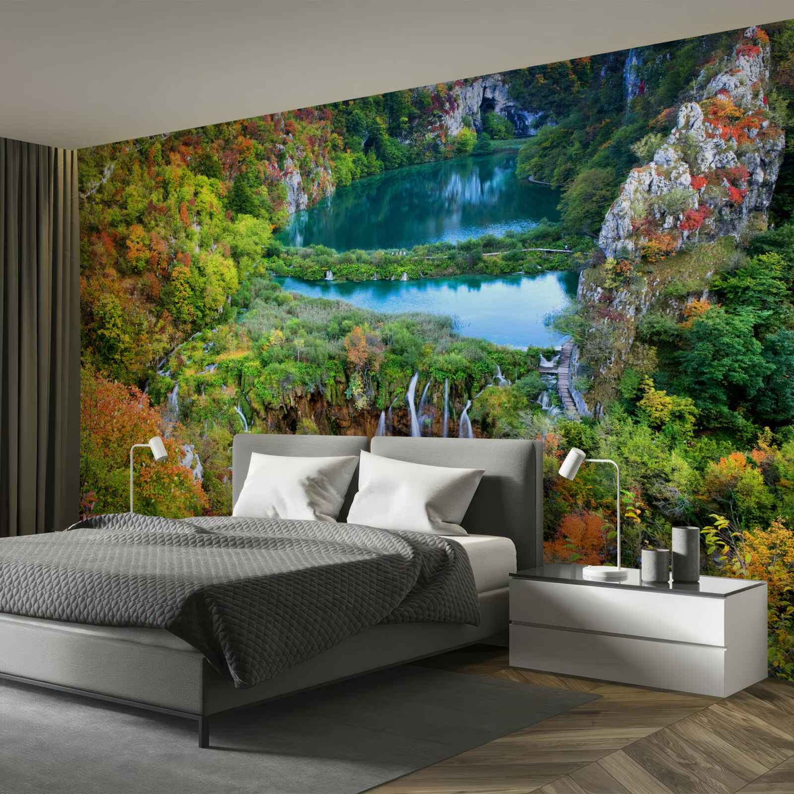 Fototapeta jesenný les zdobeným tečúcim vodopádom