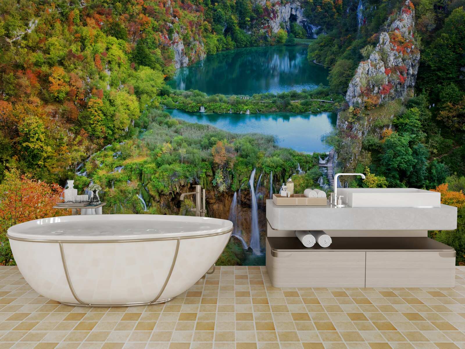 Fototapeta jesenný les zdobeným tečúcim vodopádom