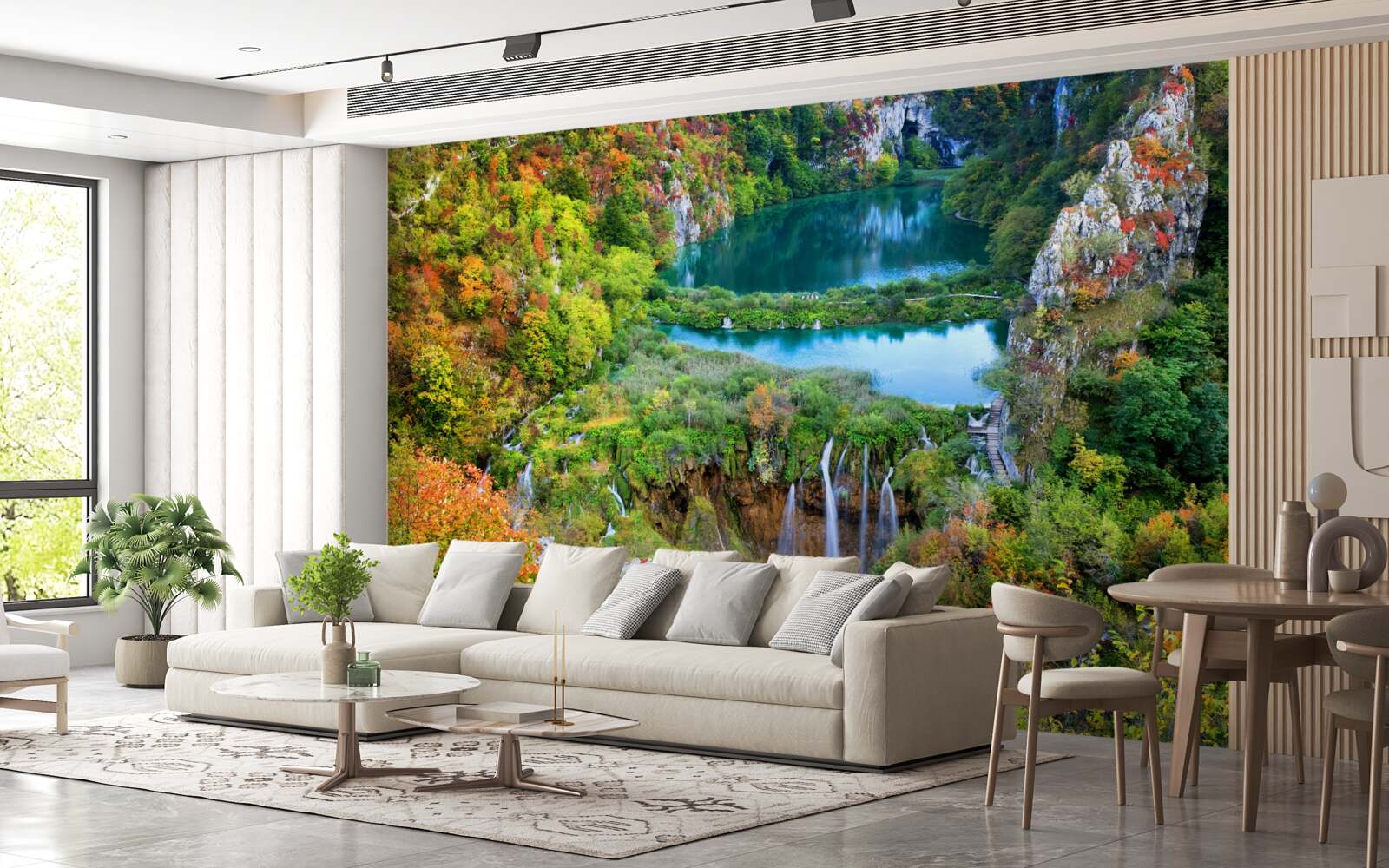 Fototapeta jesenný les zdobeným tečúcim vodopádom