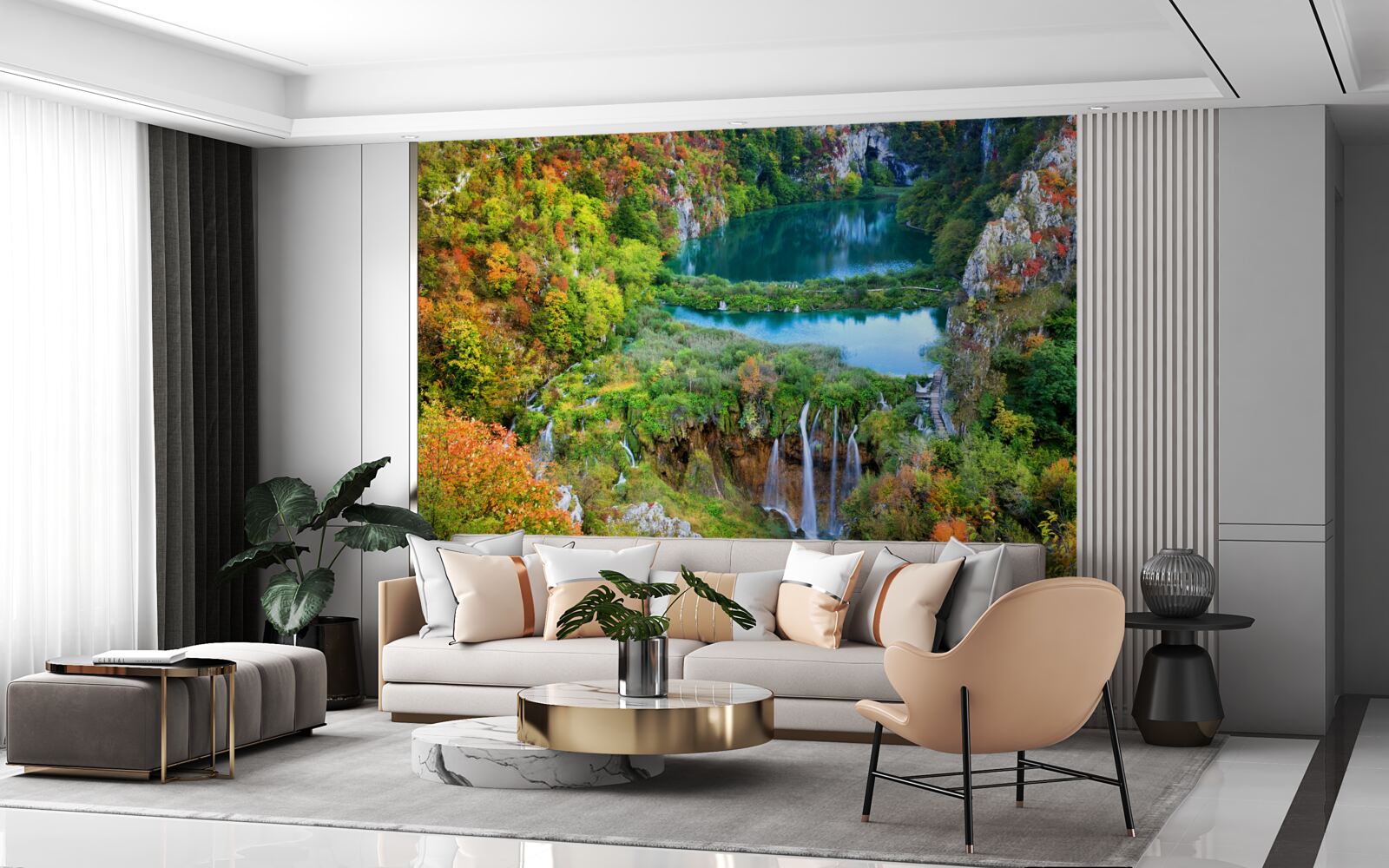 Fototapeta jesenný les zdobeným tečúcim vodopádom