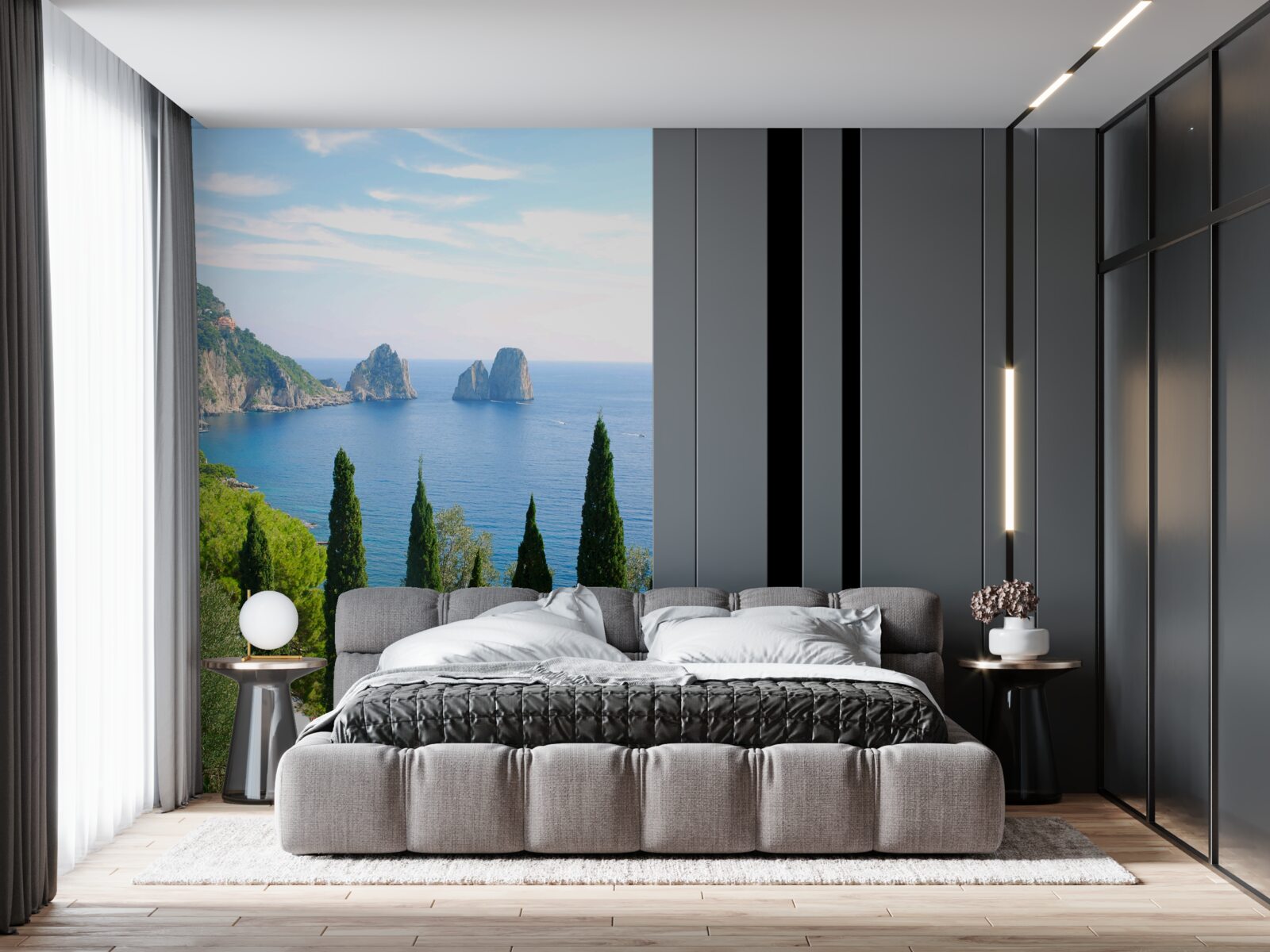 Fototapeta skalnaté pobrežie a vysoké cyprusy