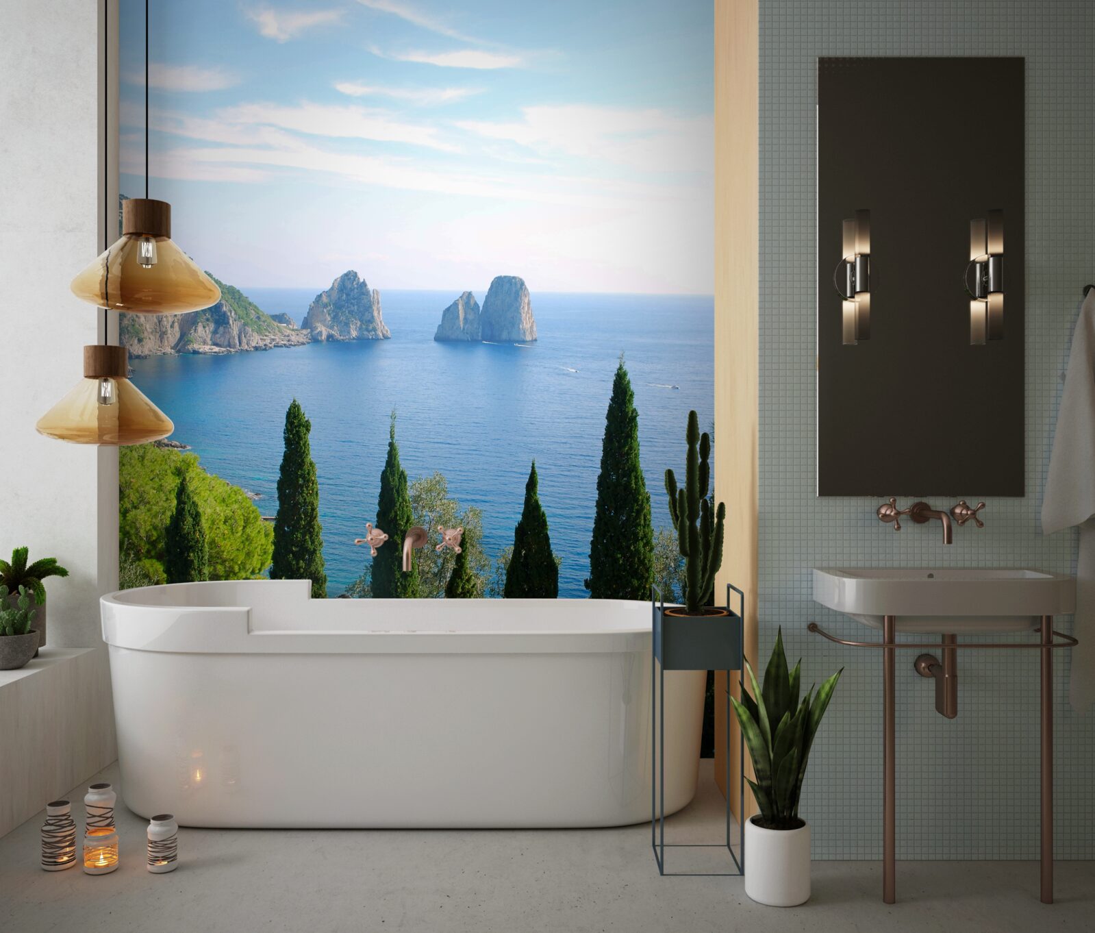 Fototapeta skalnaté pobrežie a vysoké cyprusy