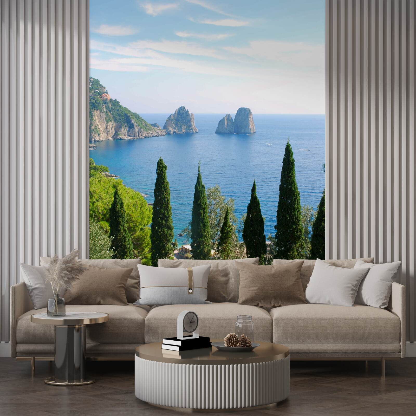 Fototapeta skalnaté pobrežie a vysoké cyprusy