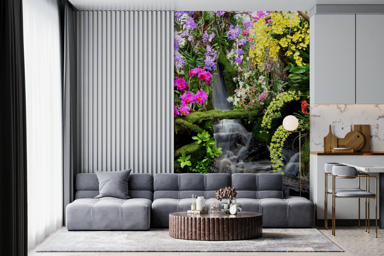 Fototapeta voda kaskádovito medzi bohatými odtieňmi kvetov