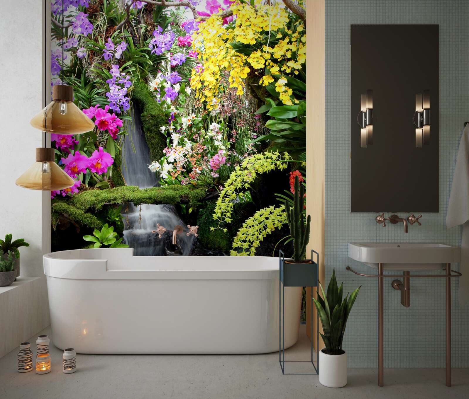 Fototapeta voda kaskádovito medzi bohatými odtieňmi kvetov