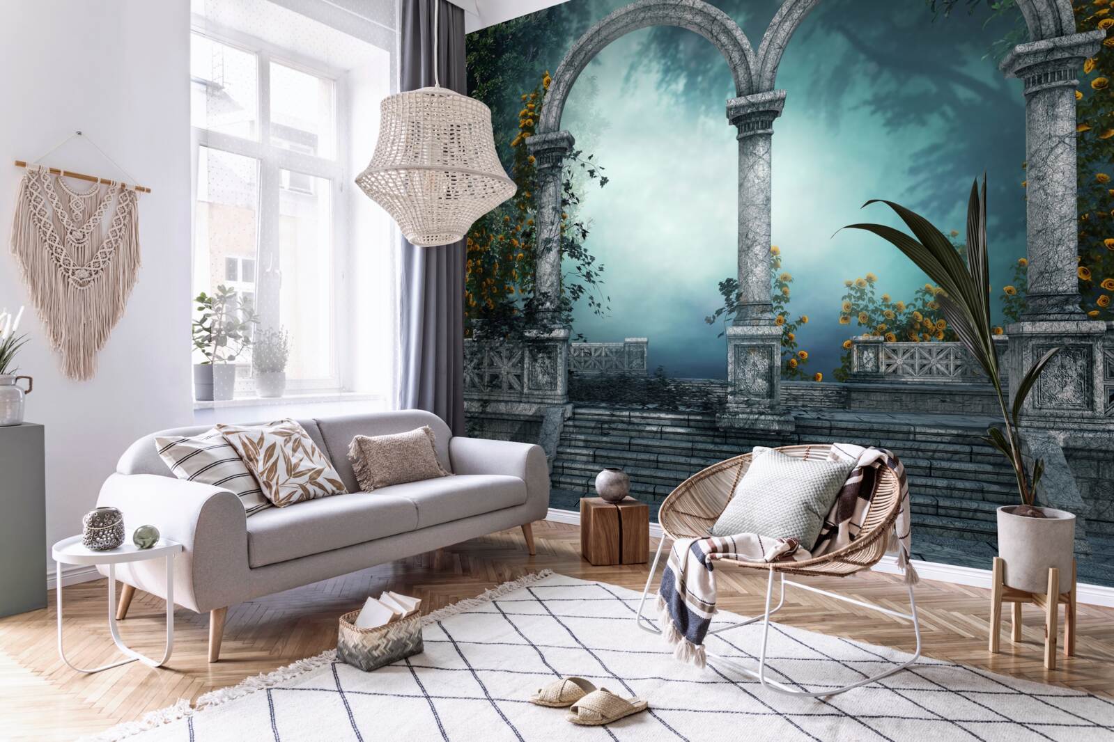 Fototapeta staroveký zaoblený oblúk v hmlistom lese