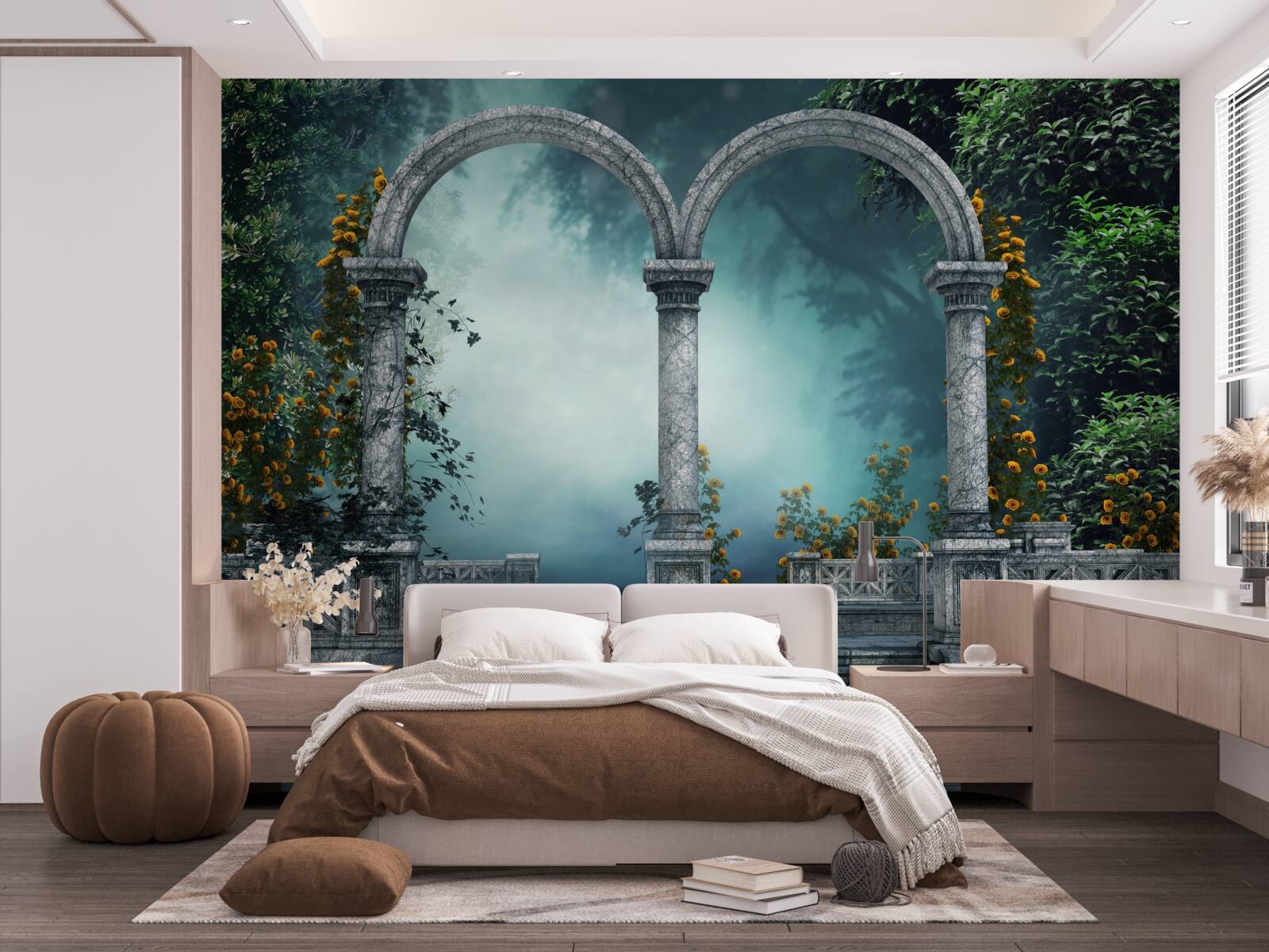 Fototapeta staroveký zaoblený oblúk v hmlistom lese