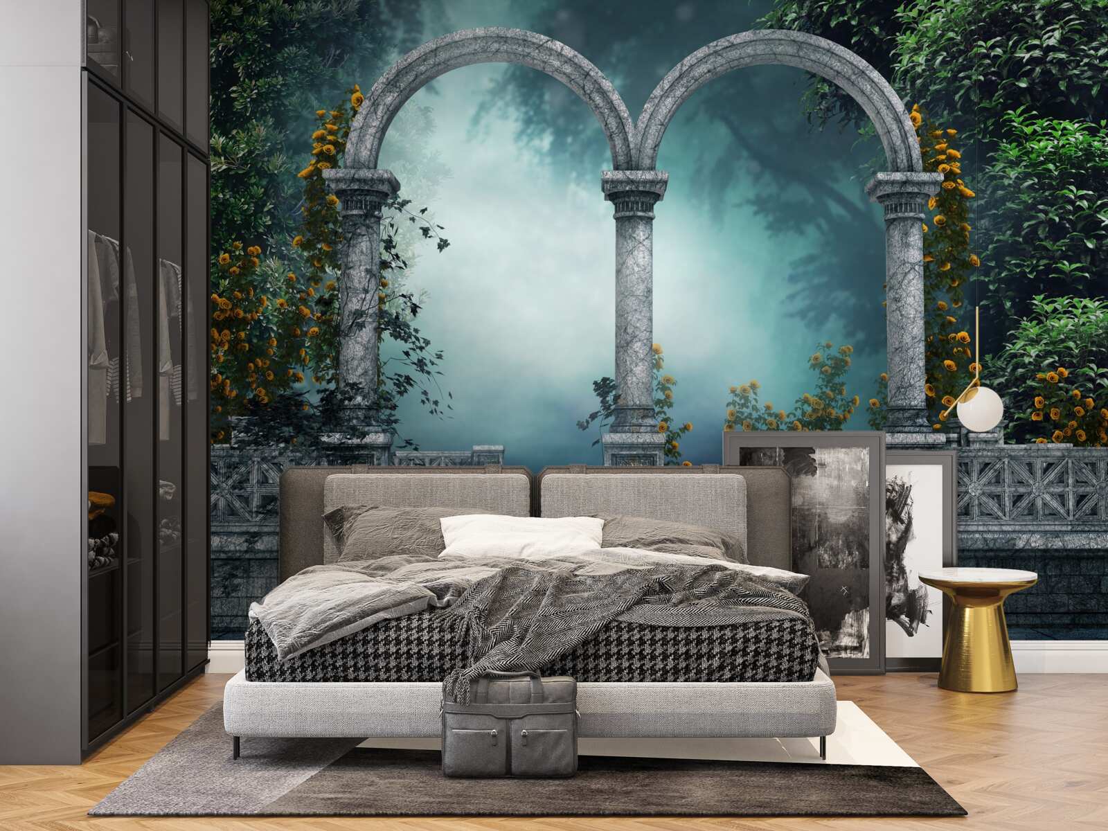 Fototapeta staroveký zaoblený oblúk v hmlistom lese