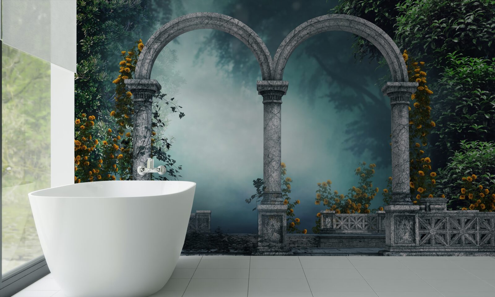 Fototapeta staroveký zaoblený oblúk v hmlistom lese