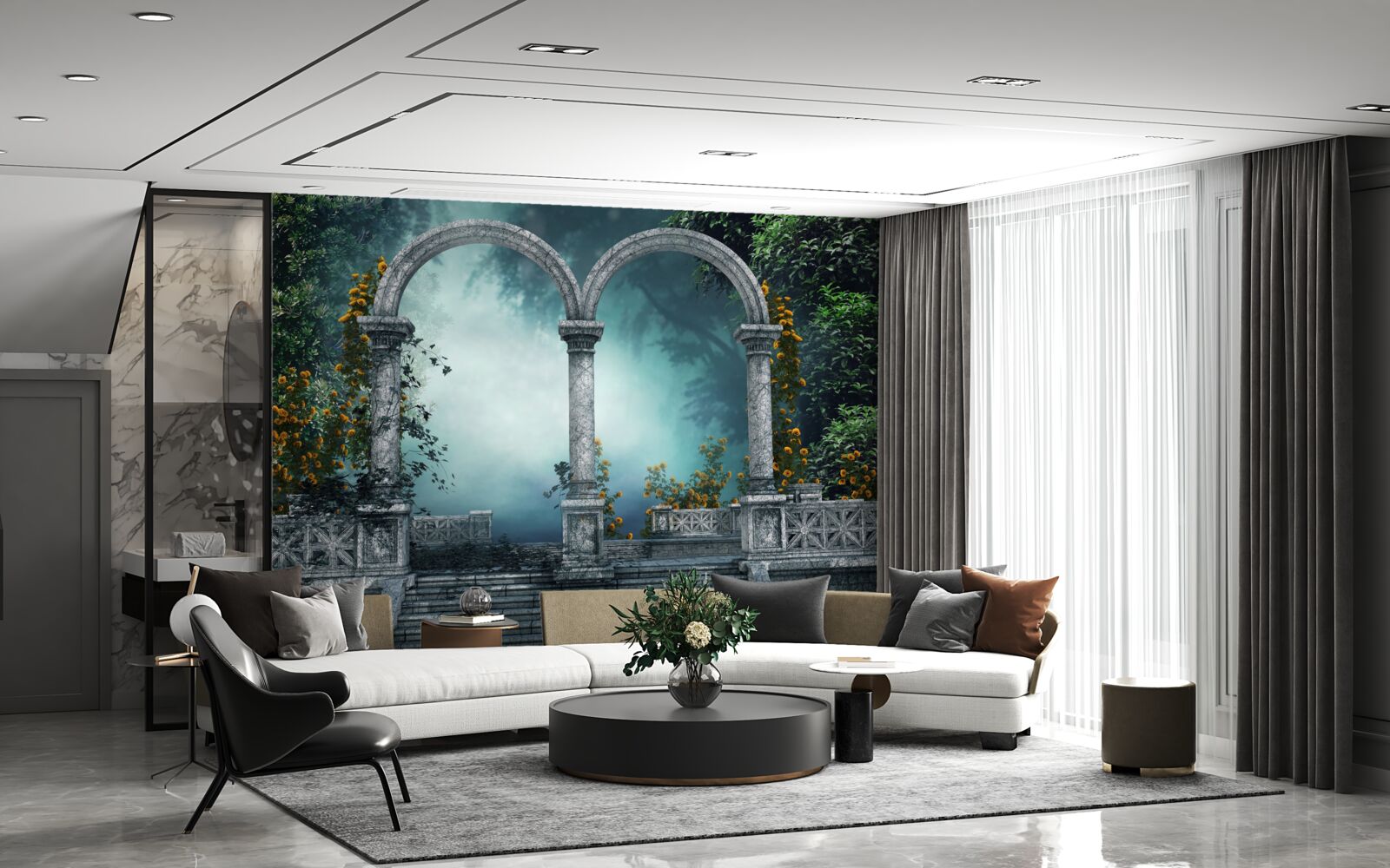 Fototapeta staroveký zaoblený oblúk v hmlistom lese