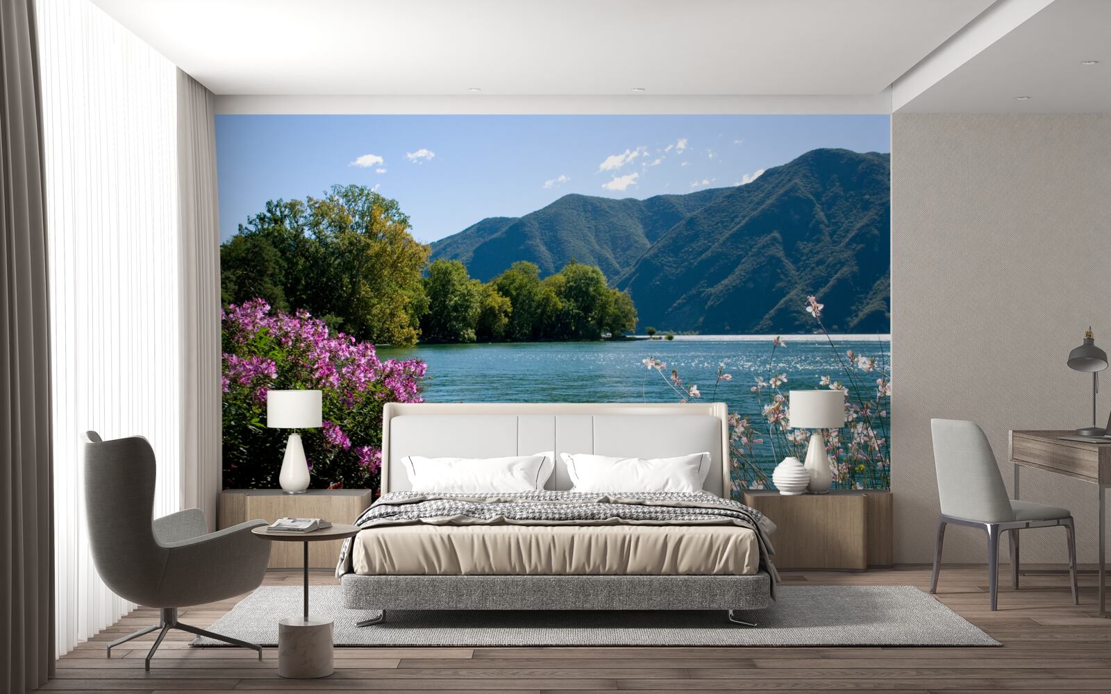 Fototapeta pokojné jazero v horách a kvitnúce letné rastliny