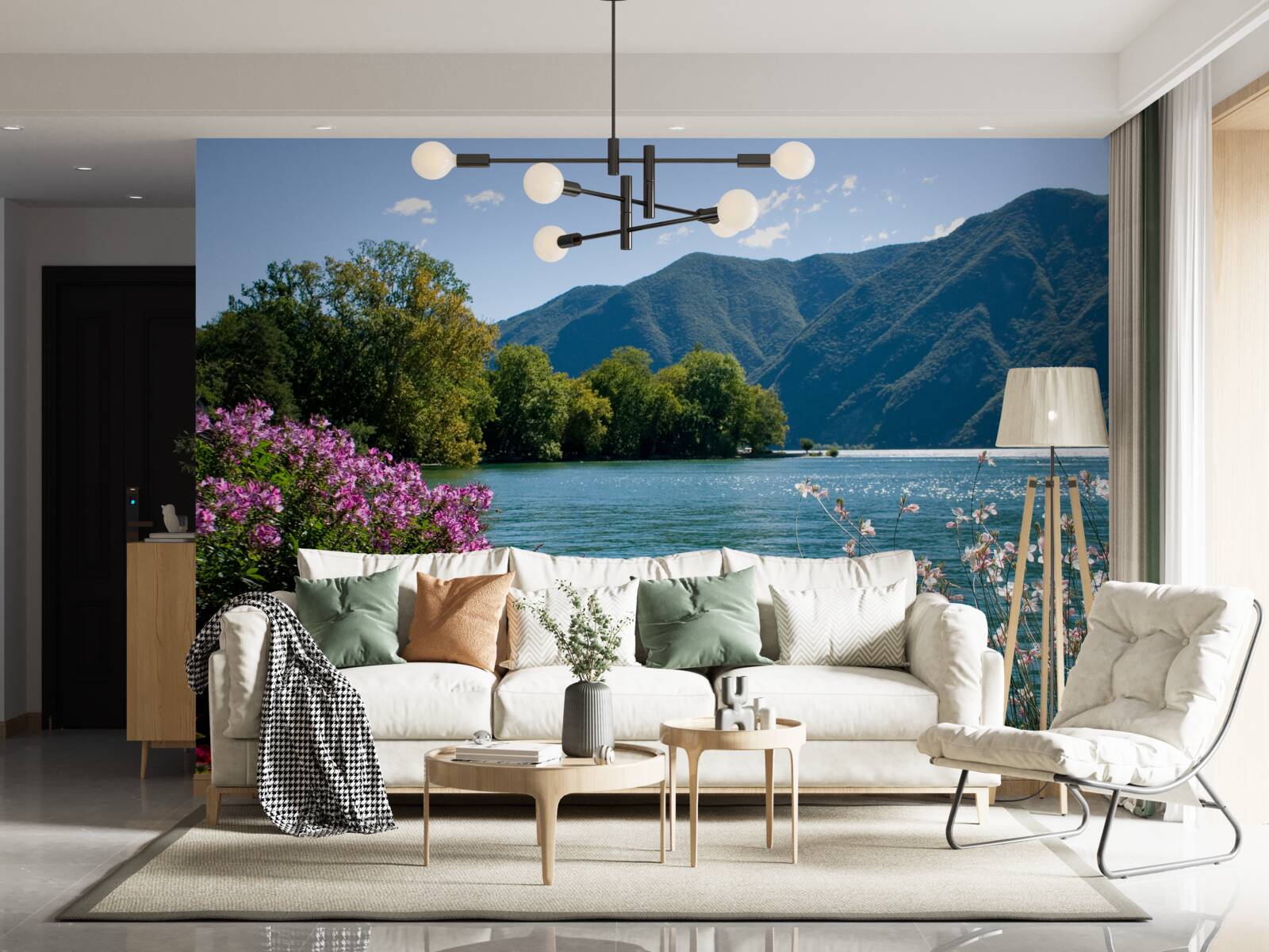 Fototapeta pokojné jazero v horách a kvitnúce letné rastliny