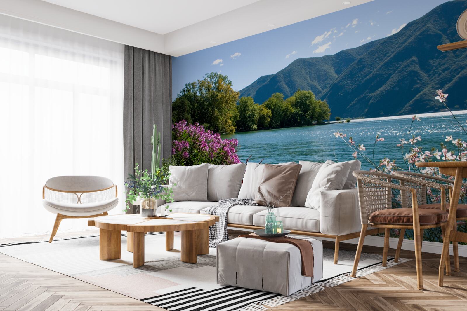 Fototapeta pokojné jazero v horách a kvitnúce letné rastliny