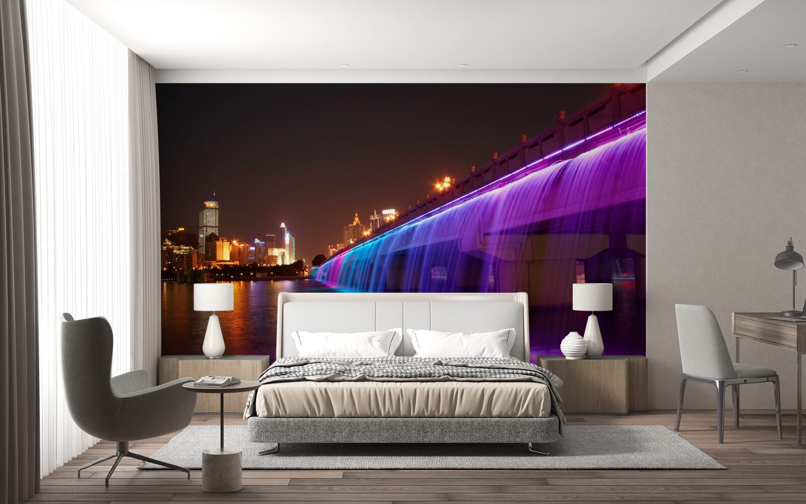 Fototapeta žiariace vodné osvetlenie pri moste