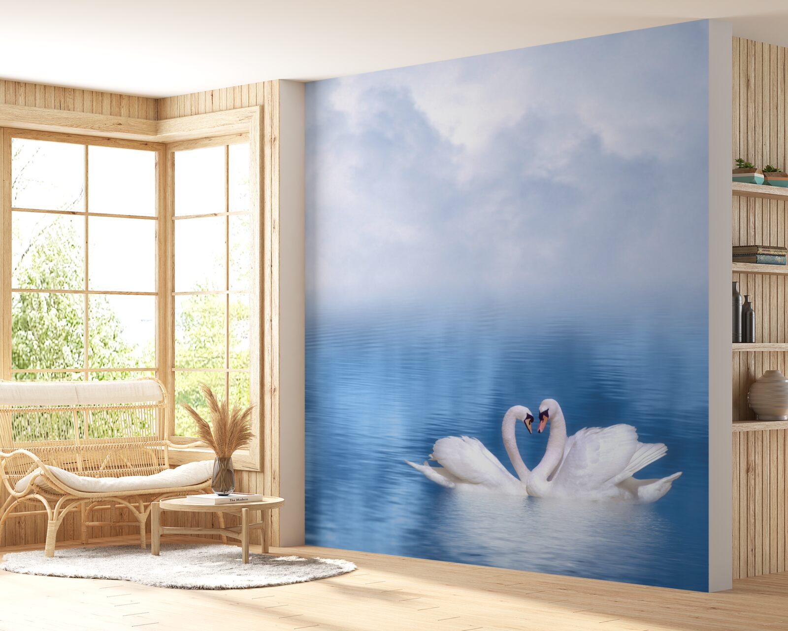 Fototapeta rodinka bielych labutí na hmlistom jazere v horách