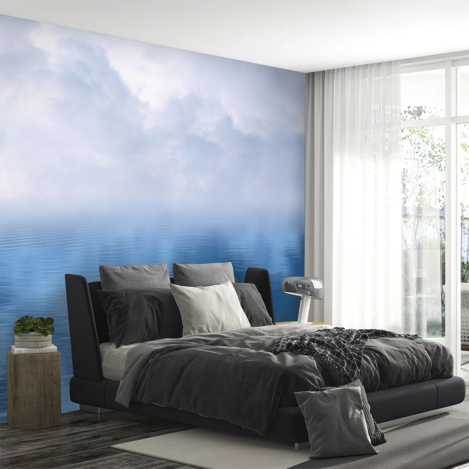 Fototapeta rodinka bielych labutí na hmlistom jazere v horách