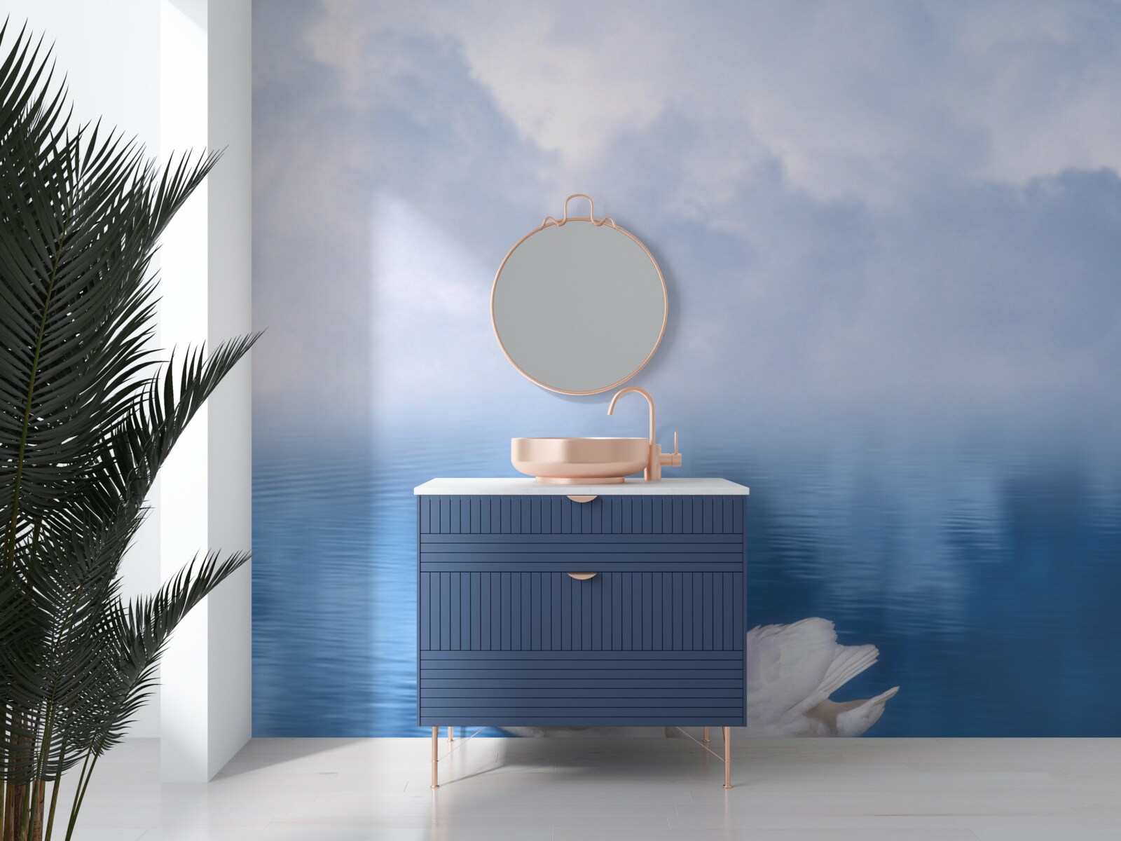 Fototapeta rodinka bielych labutí na hmlistom jazere v horách