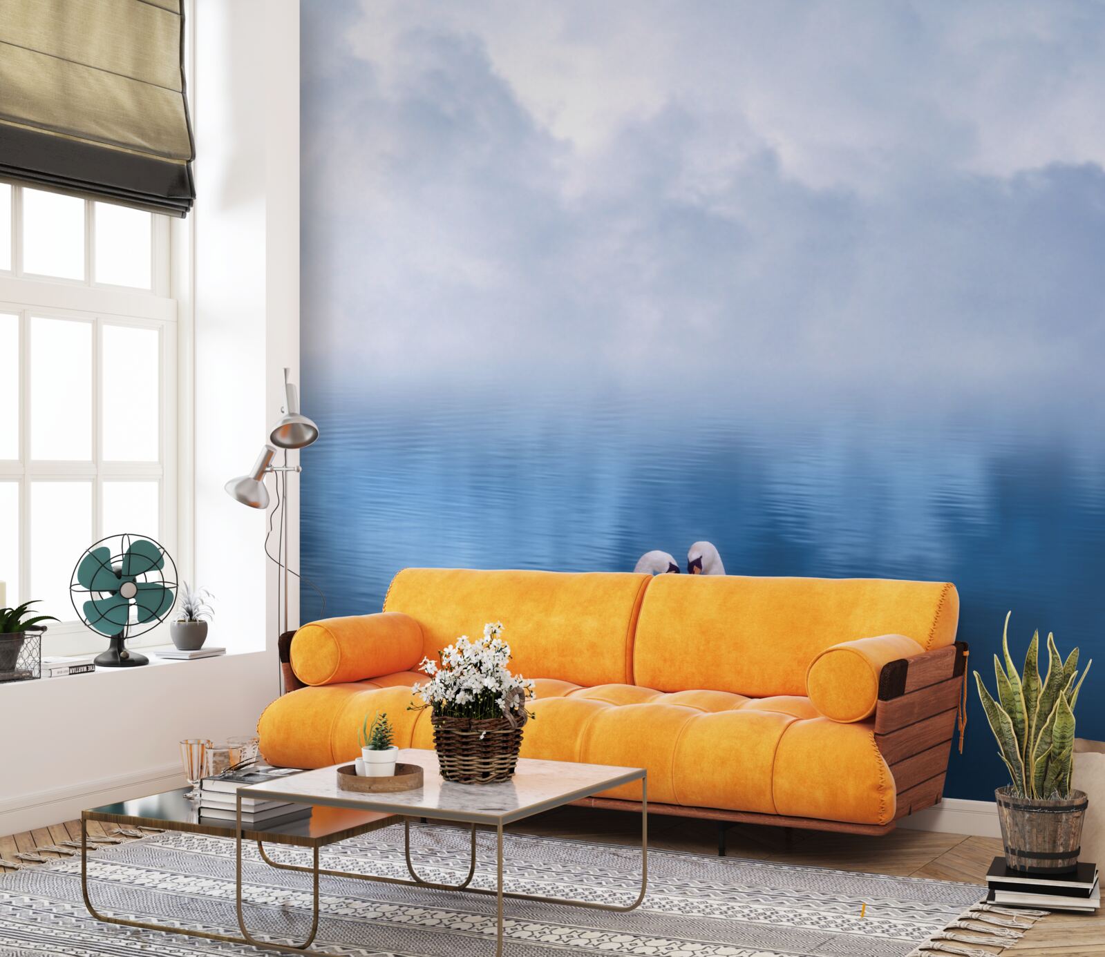 Fototapeta rodinka bielych labutí na hmlistom jazere v horách