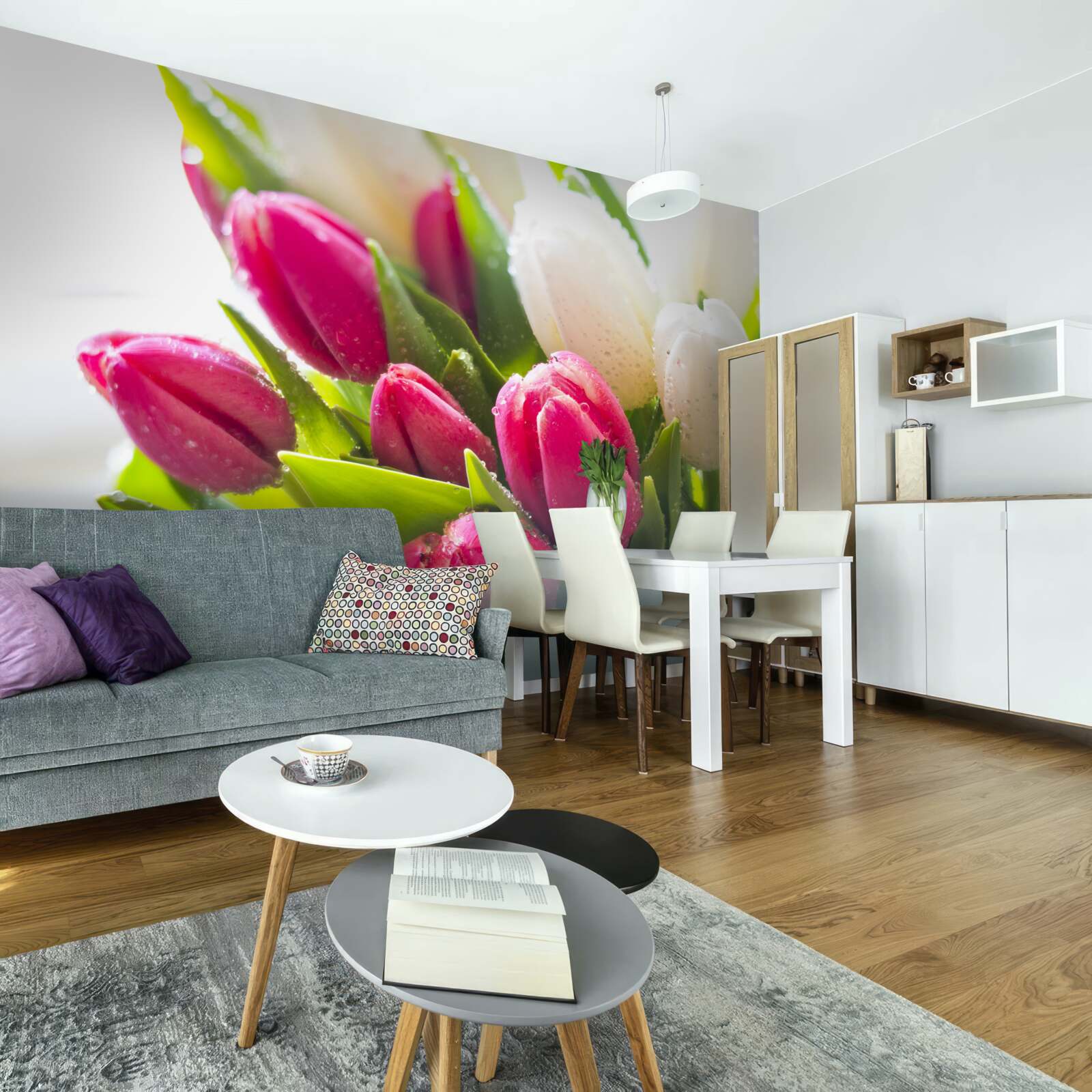 Fototapeta zloženie bielych a červených tulipánov pokrytých ružou