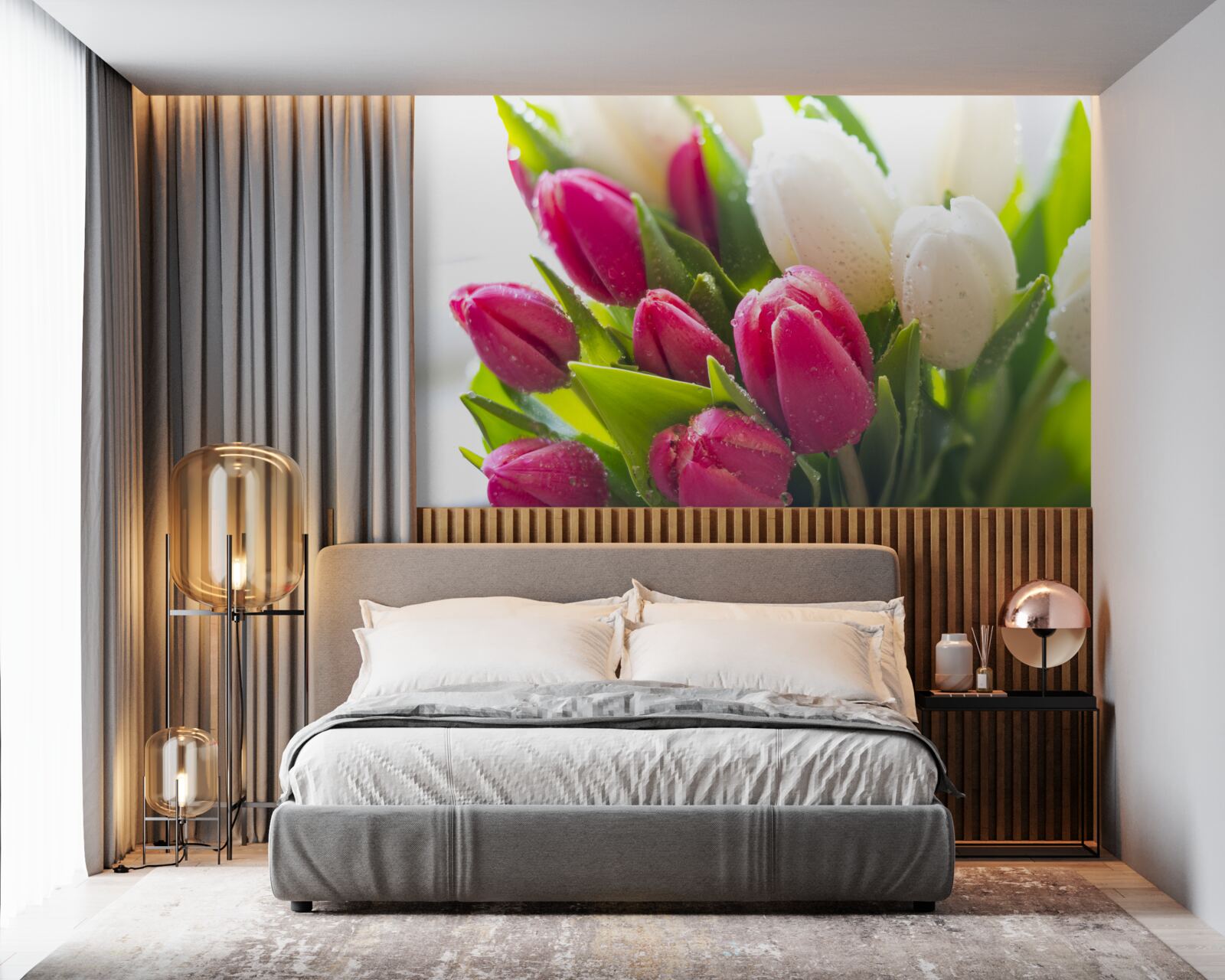 Fototapeta zloženie bielych a červených tulipánov pokrytých ružou