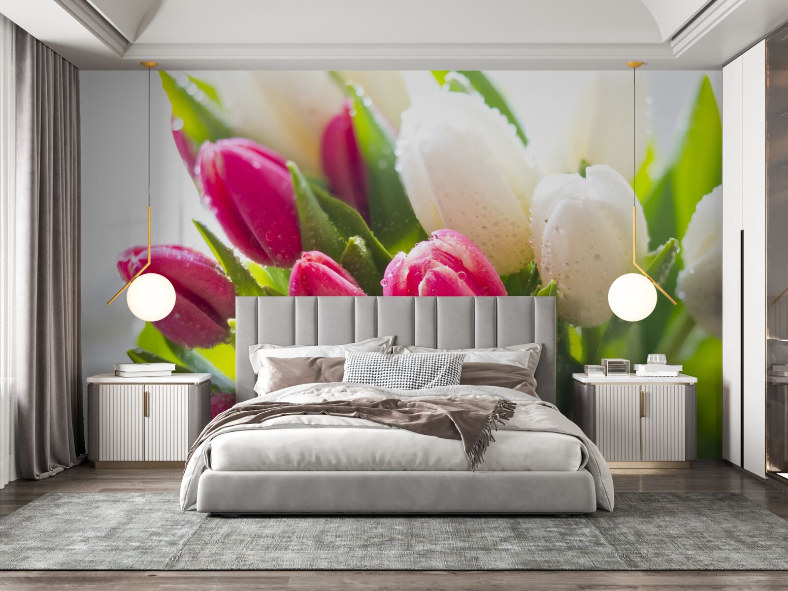 Fototapeta zloženie bielych a červených tulipánov pokrytých ružou