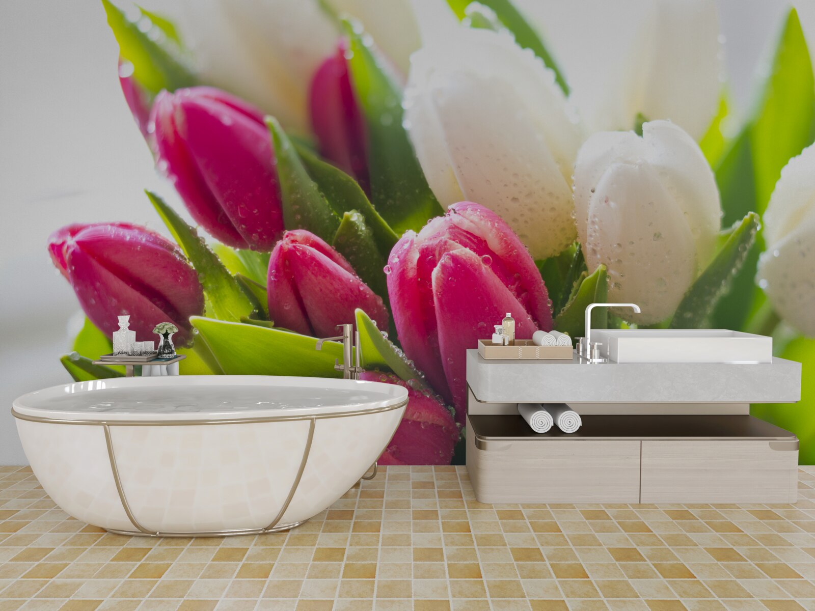 Fototapeta zloženie bielych a červených tulipánov pokrytých ružou