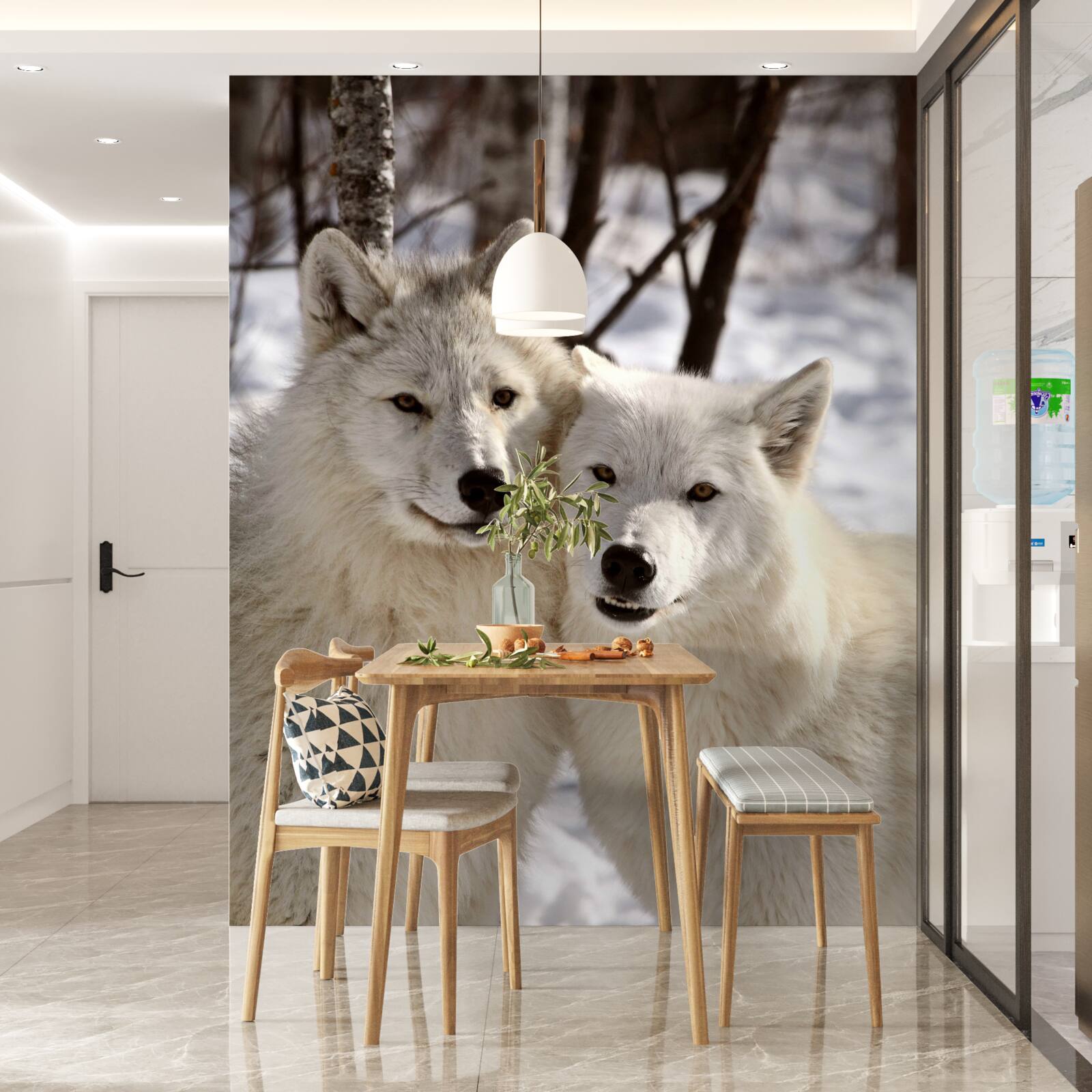 Fototapeta svorka bielych vlkov v zasneženom lese