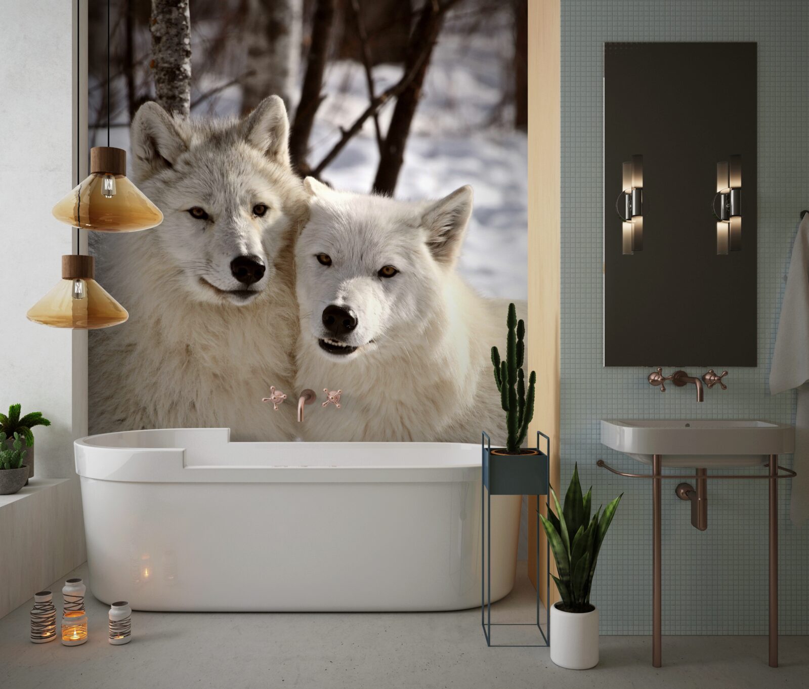 Fototapeta svorka bielych vlkov v zasneženom lese