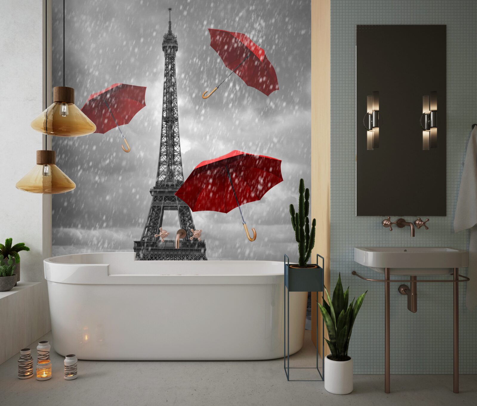 Fototapeta na námestí pred vežou sú červené dáždniky