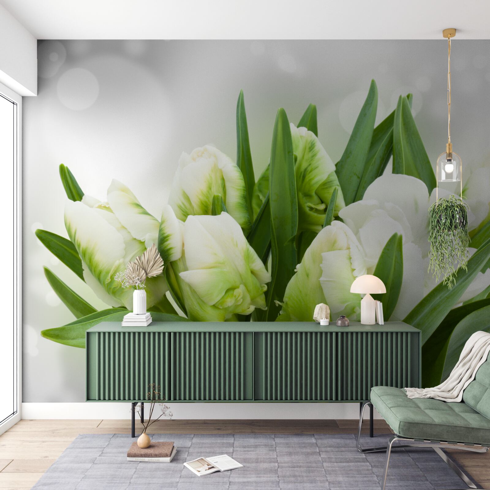 Fototapeta kompozícia tulipánov v odtieňoch biejej a zelenej