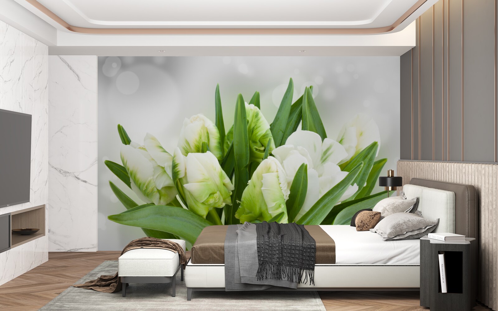 Fototapeta kompozícia tulipánov v odtieňoch biejej a zelenej