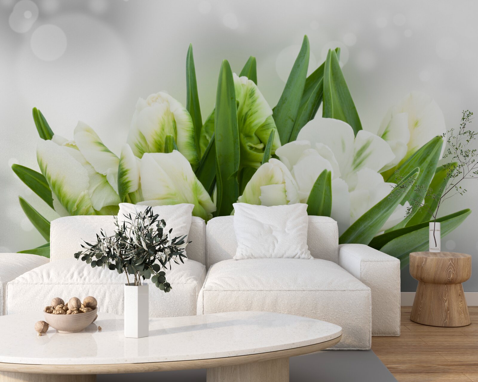 Fototapeta kompozícia tulipánov v odtieňoch biejej a zelenej