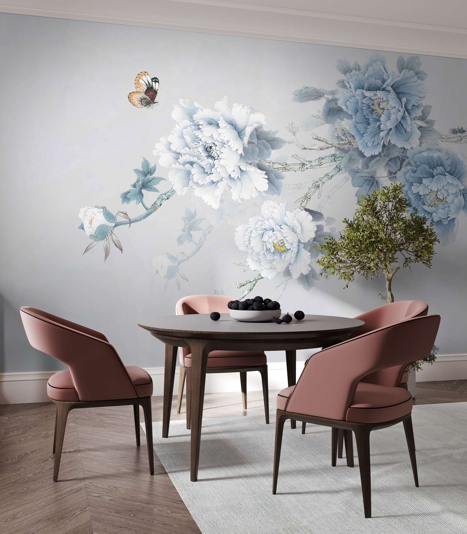 Fototapeta motýľ sedí v blízkosti vetvy kvitnúcich kvetov