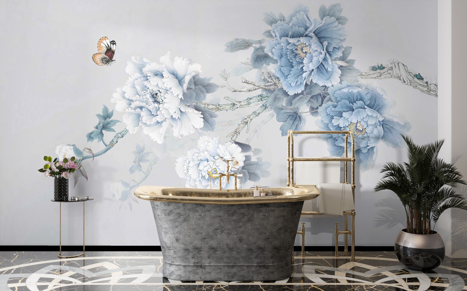 Fototapeta motýľ sedí v blízkosti vetvy kvitnúcich kvetov