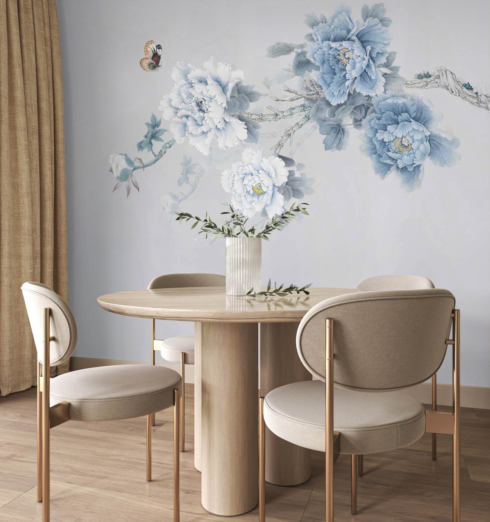 Fototapeta strapce bielych a modrých kvetov na striebornom základe