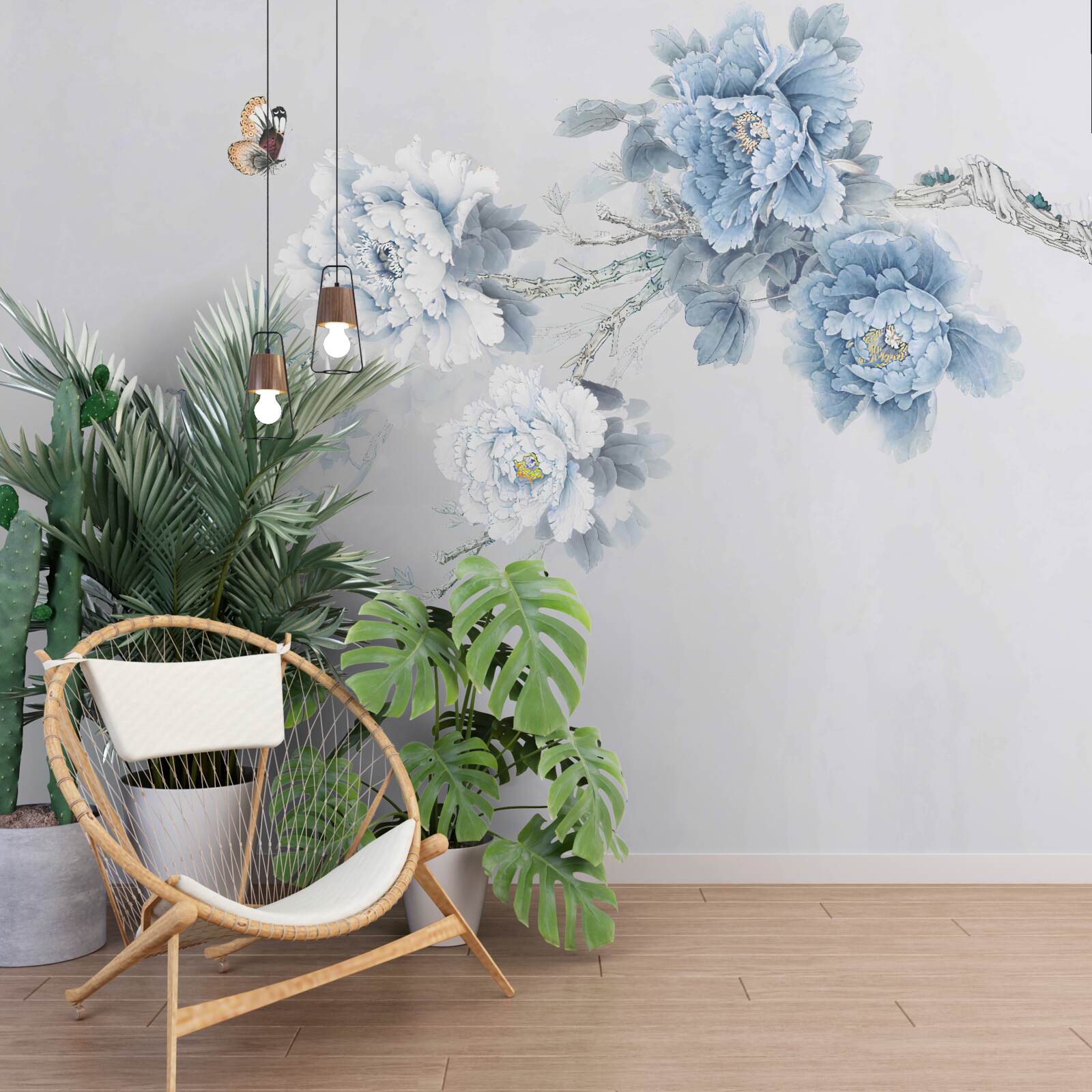 Fototapeta strapce bielych a modrých kvetov na striebornom základe