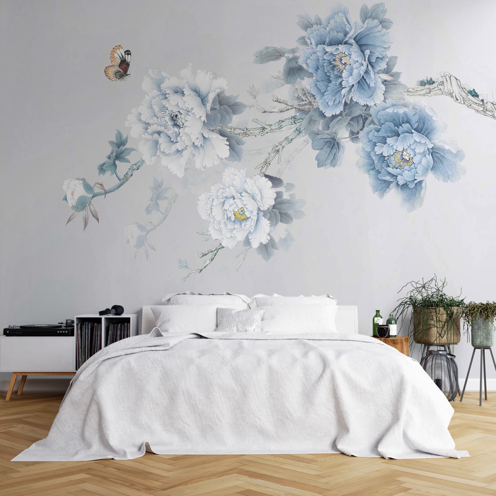 Fototapeta strapce bielych a modrých kvetov na striebornom základe