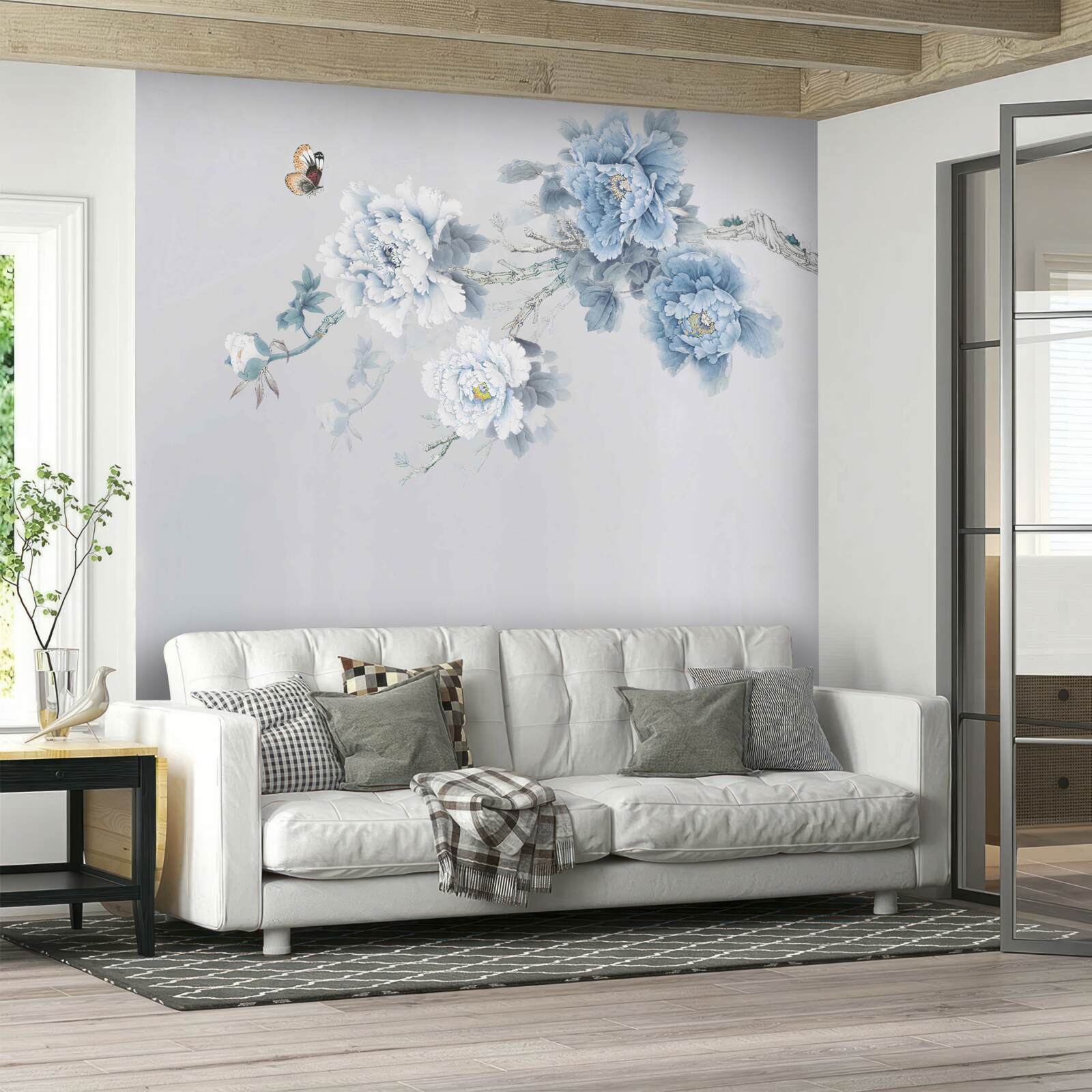 Fototapeta strapce bielych a modrých kvetov na striebornom základe