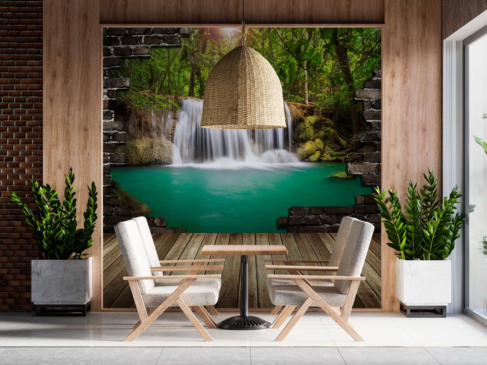 Fototapeta kaskádový vodopád pri drevenom moste