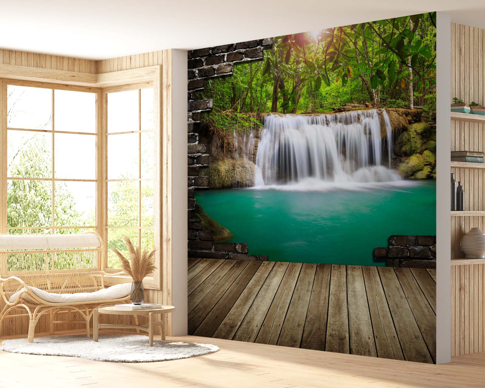 Fototapeta kaskádový vodopád pri drevenom moste