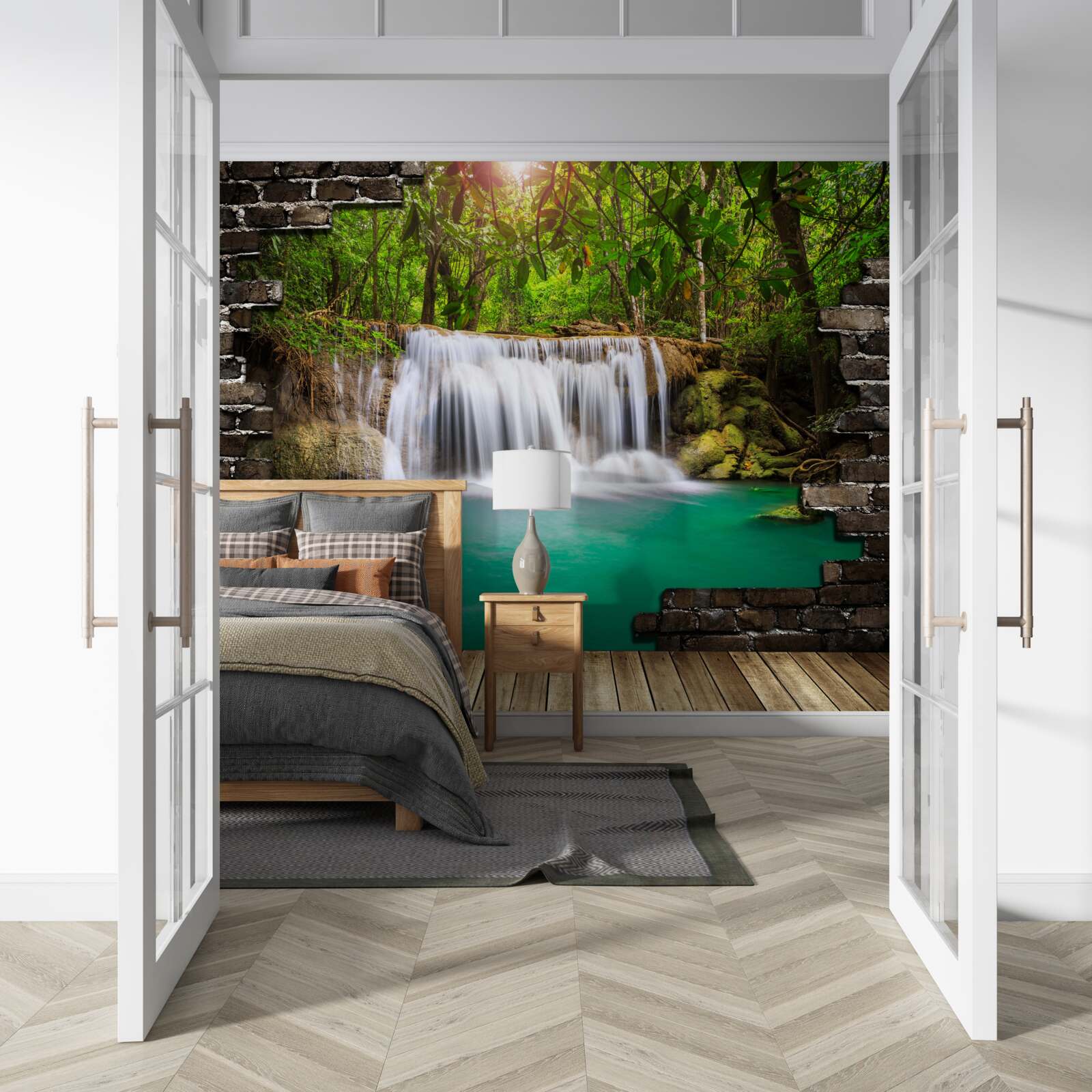 Fototapeta kaskádový vodopád pri drevenom moste