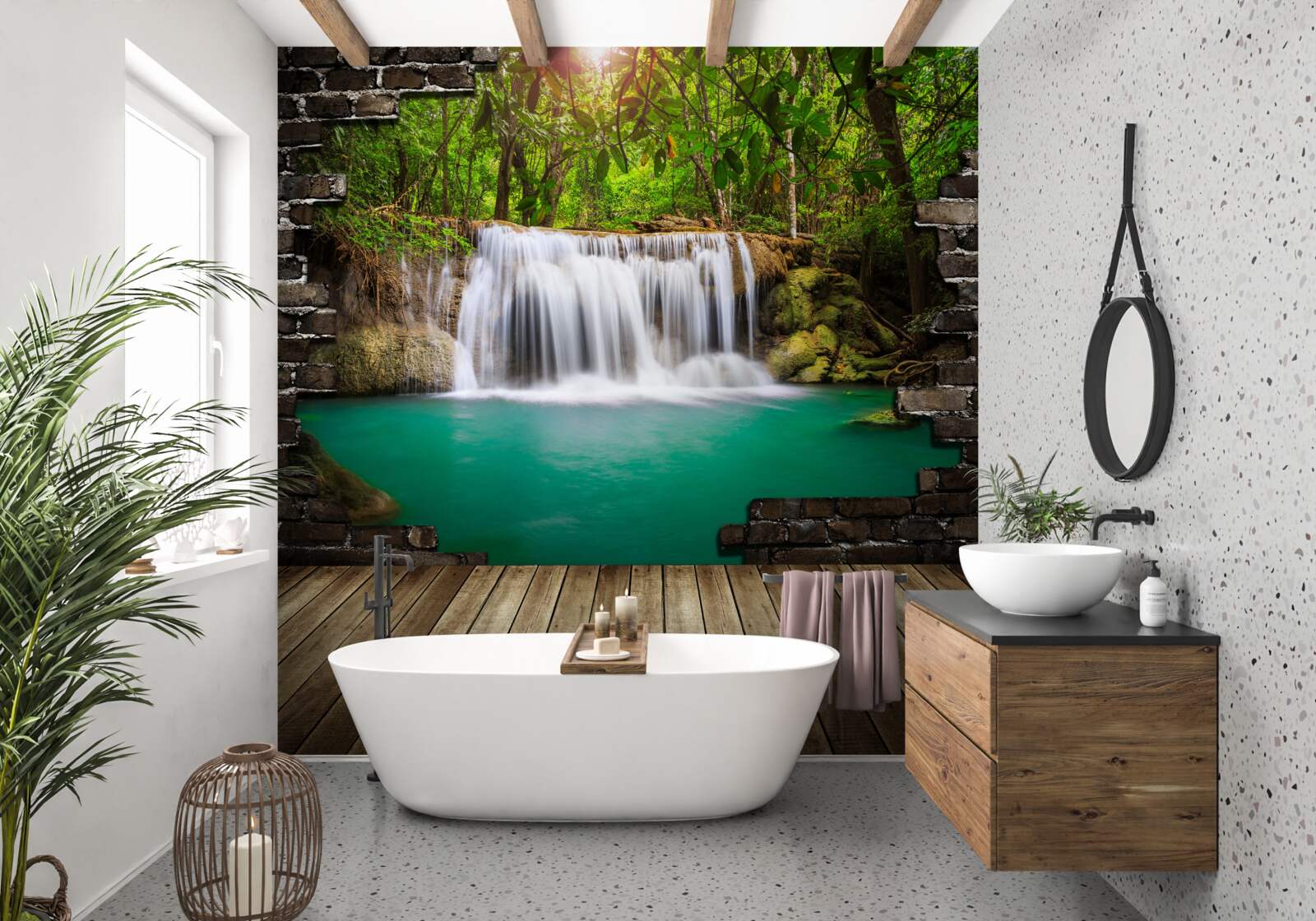 Fototapeta kaskádový vodopád pri drevenom moste